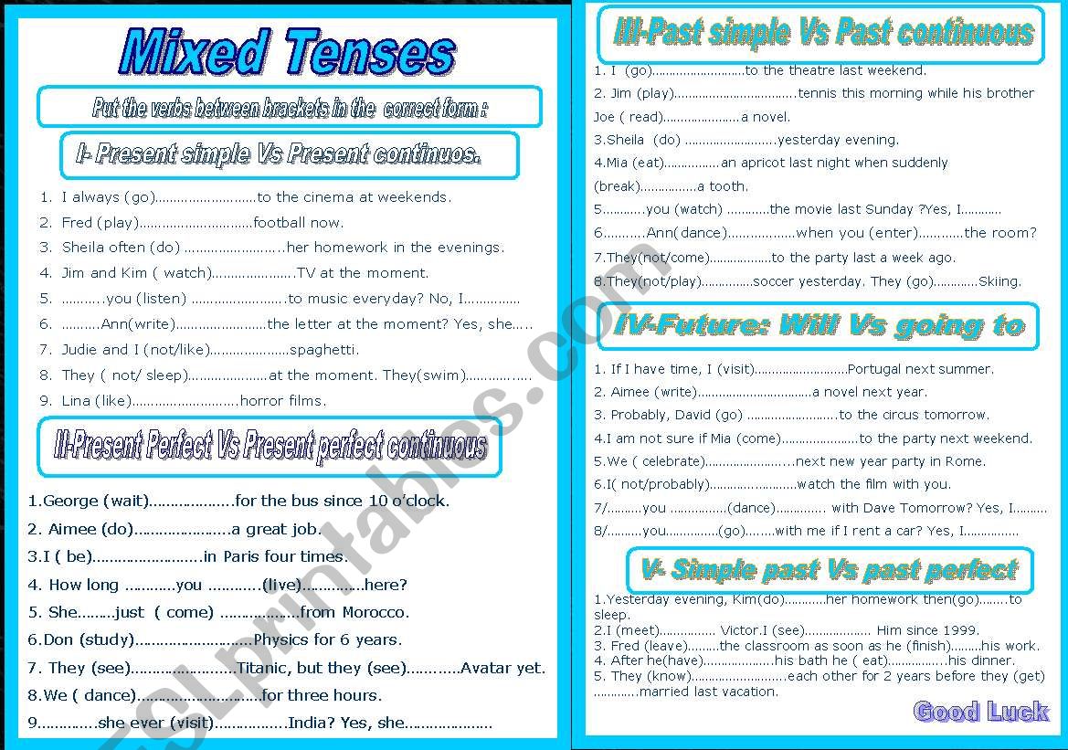 Free Printable Mixed Tenses Worksheets