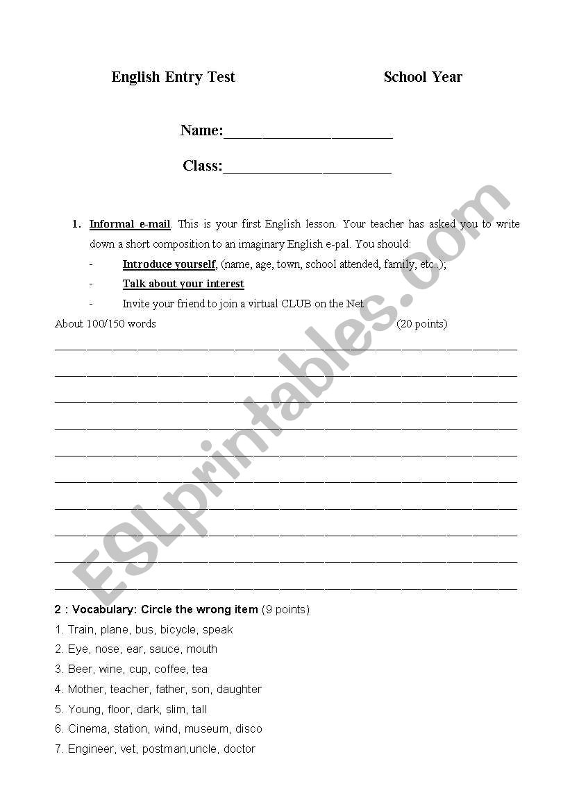 entry test  worksheet