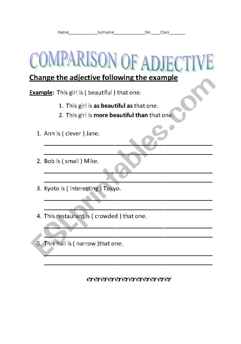 Comparison of Adjective worksheet