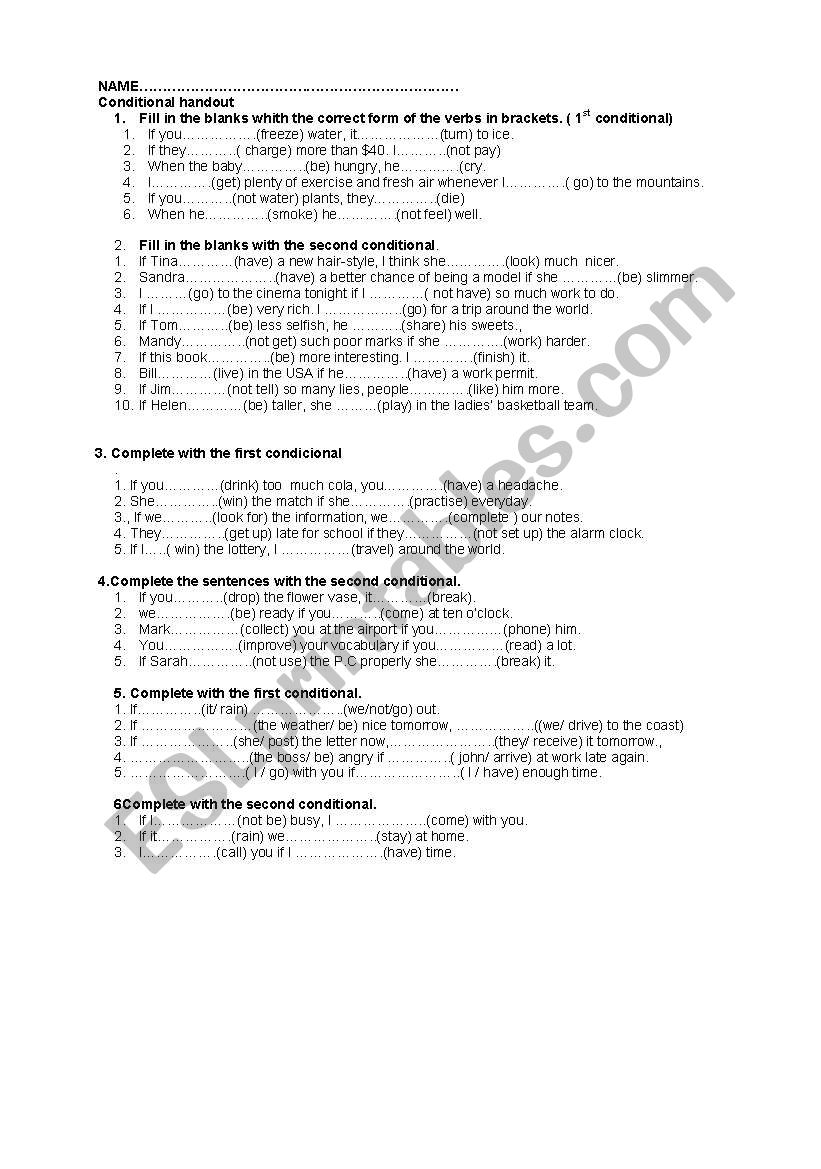 1Âº and 2Âº conditional worksheet