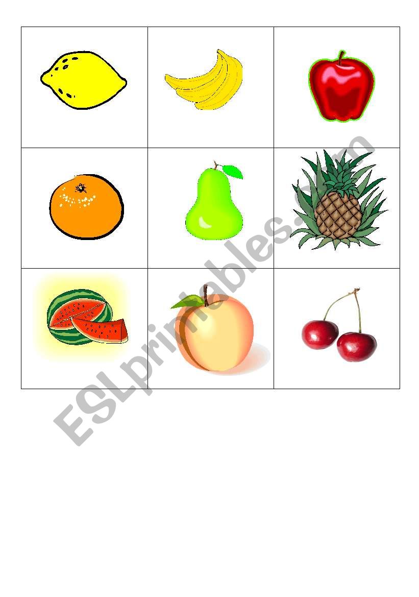 Table for food Bingo.  worksheet