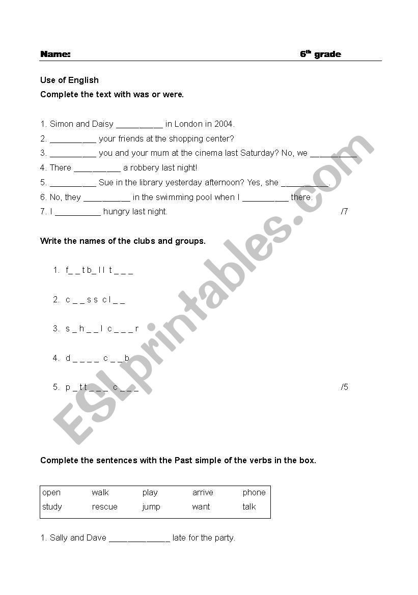 Diagnostic test worksheet