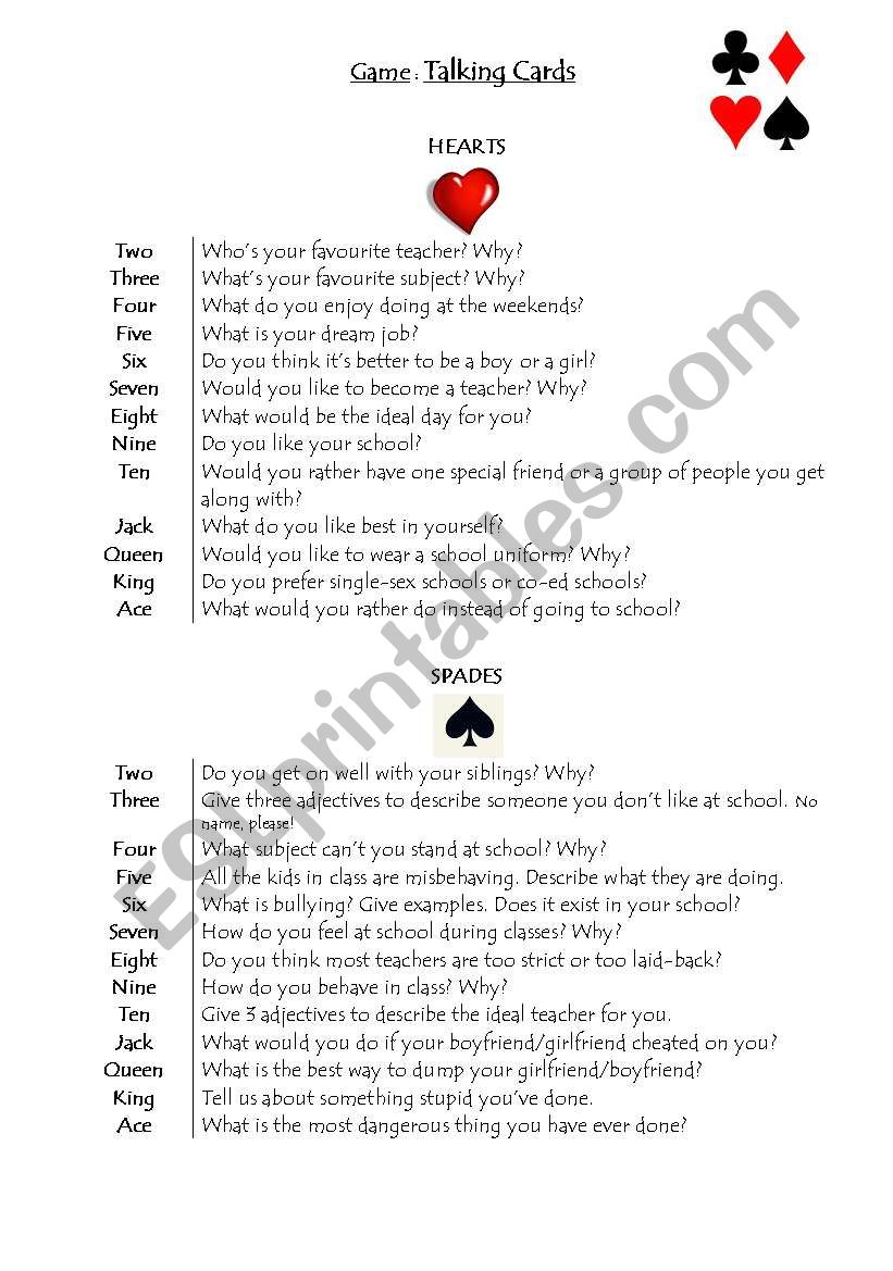 Talking cards Questions worksheet