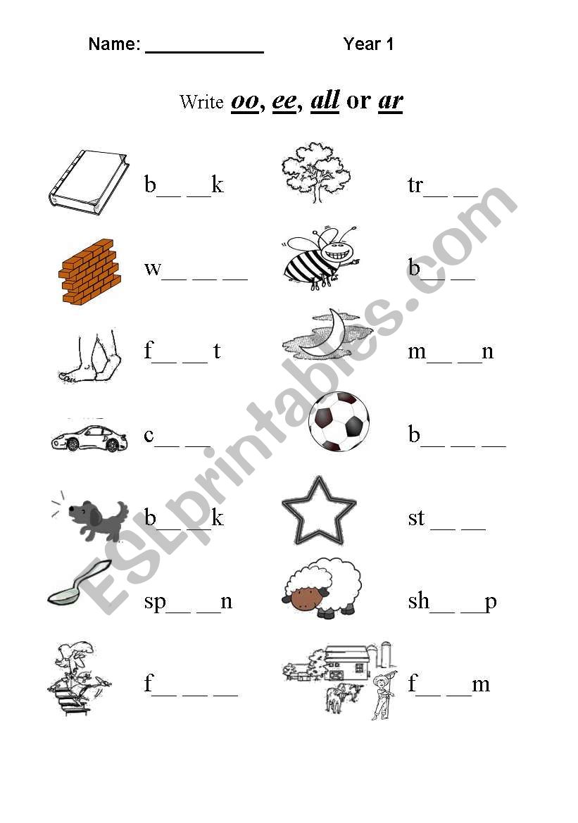 Fill in: ee, oo, all, ar worksheet