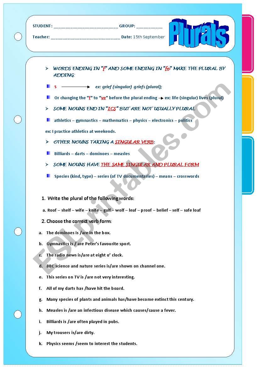 PLURALS - RULES + EXERCISES worksheet