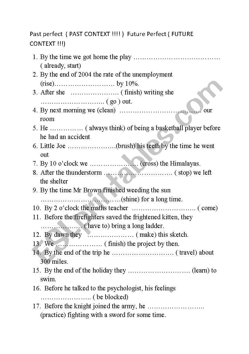 past perfect future perfect worksheet