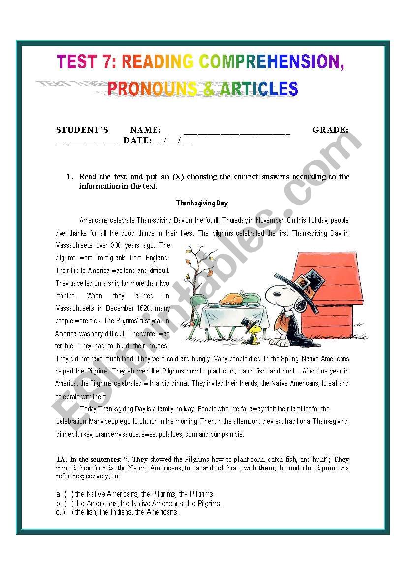 TEST 7: READING COMPREHENSION #2, PRONOUNS &ARTICLES