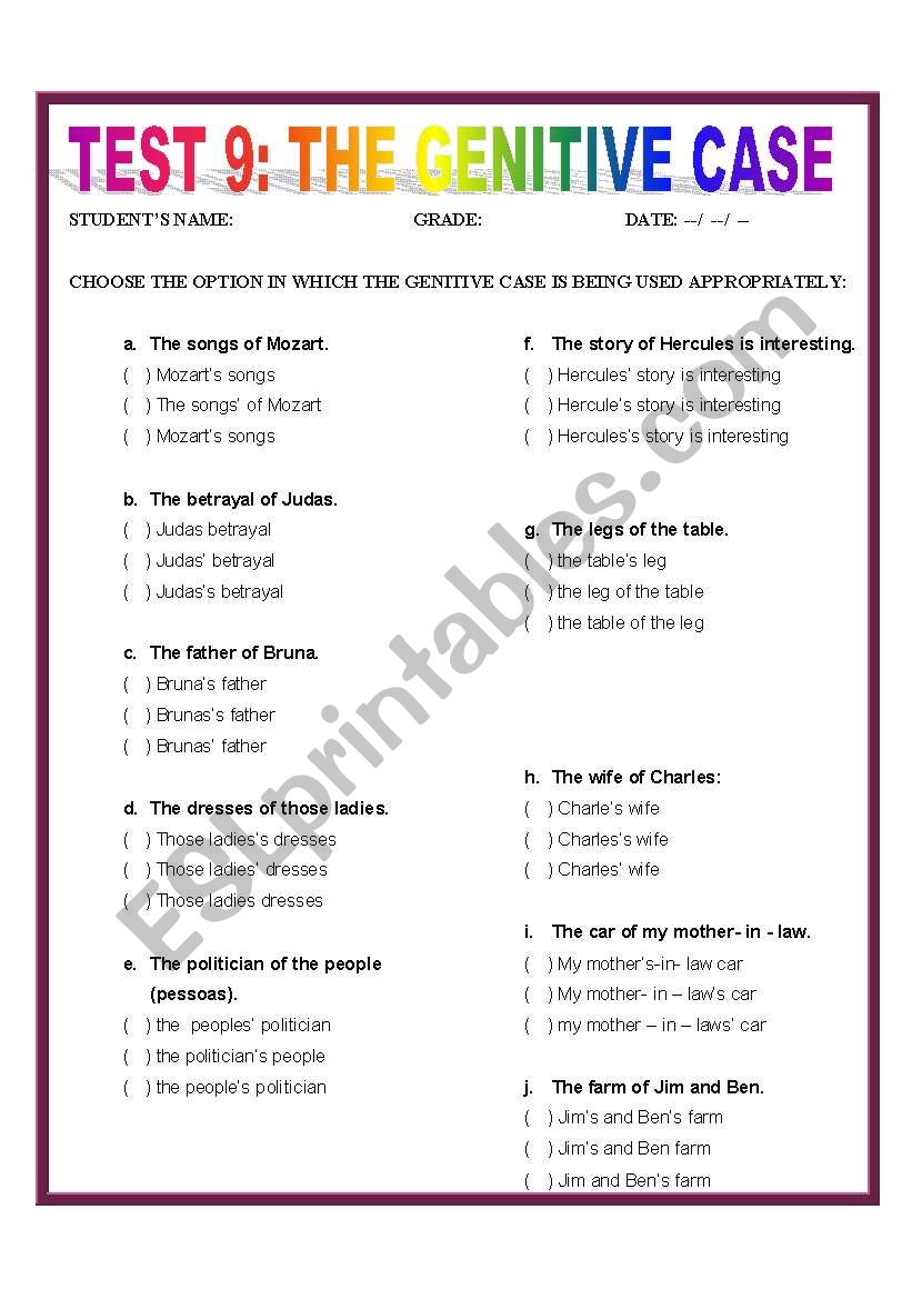 TEST 9: THE GENITIVE CASE worksheet