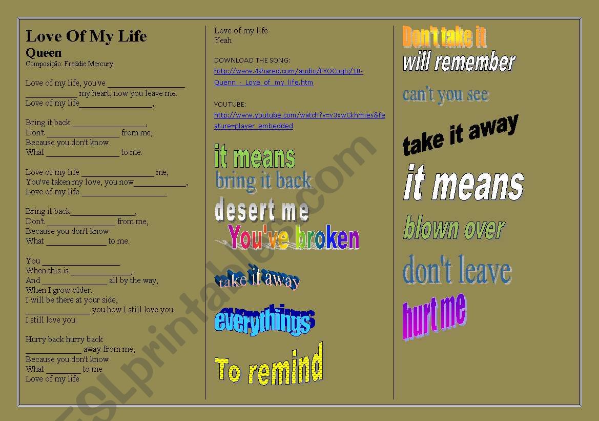 SONG: QUEEN - Love Of My Life worksheet