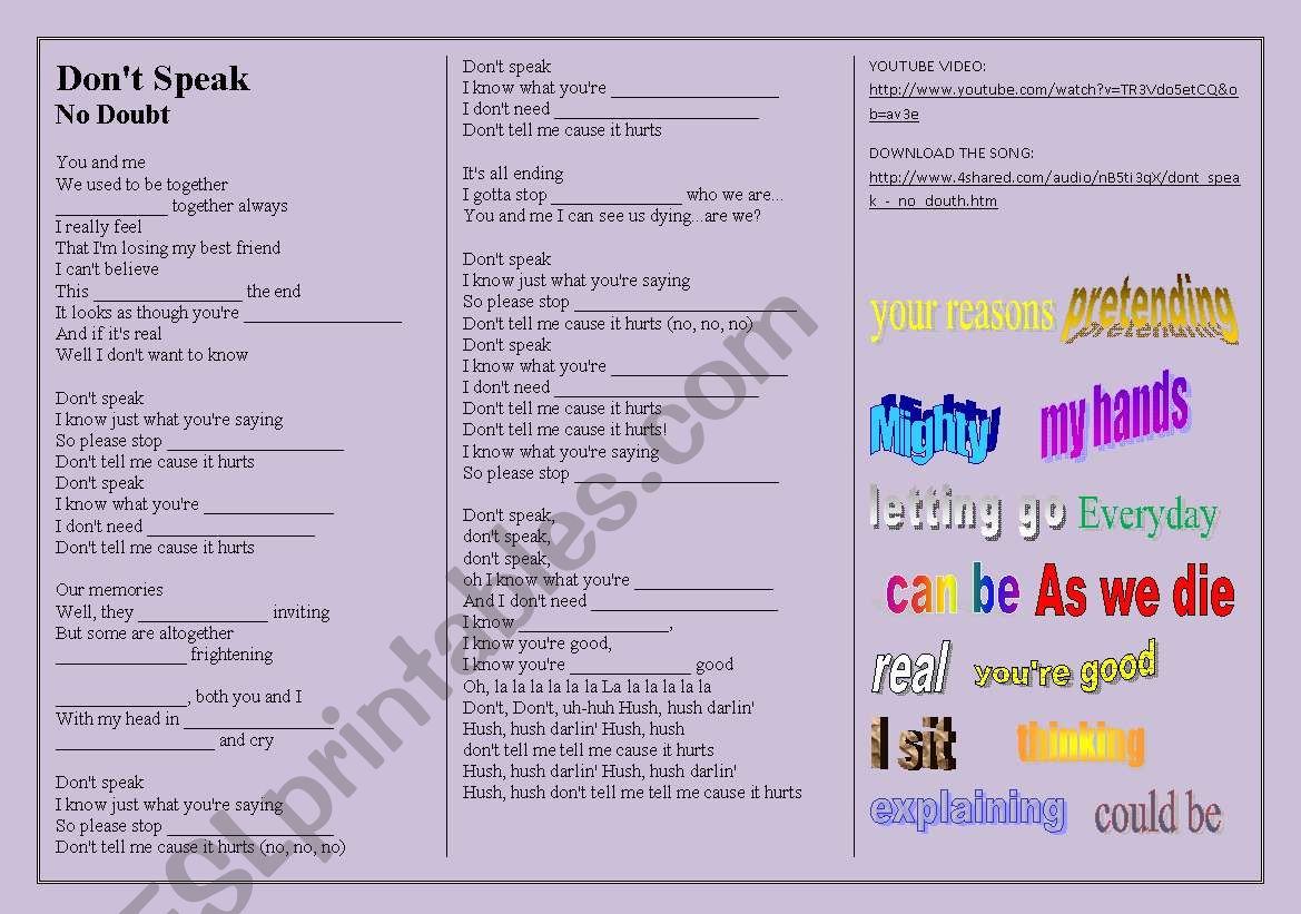 SONG: No Doubt - Dont speak worksheet