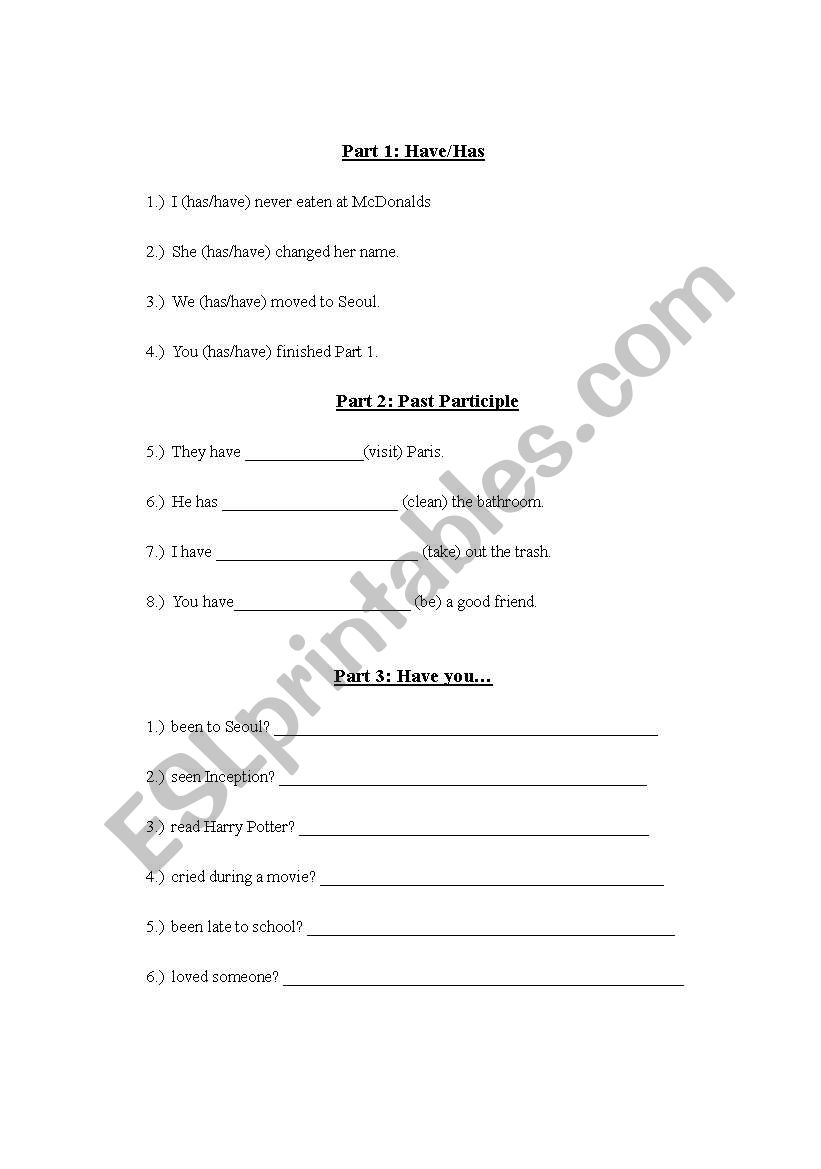 Present Perfect Practice worksheet