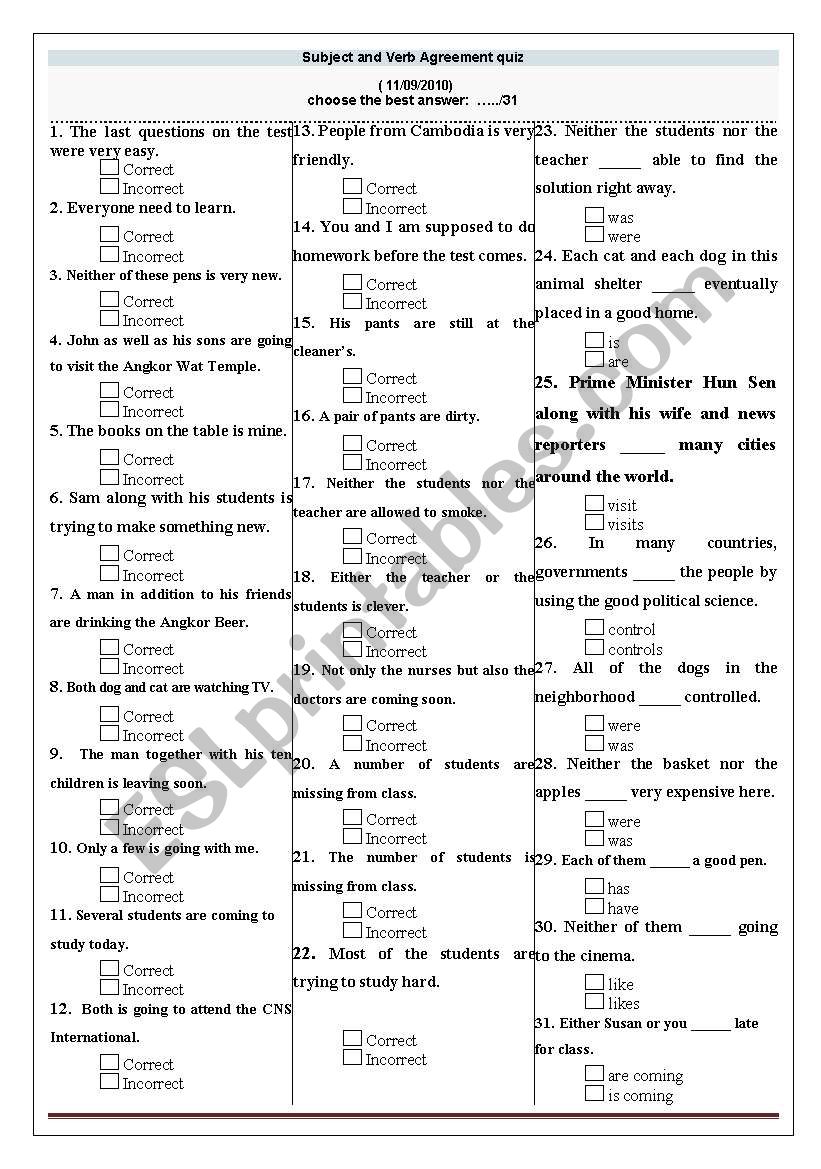 Subject and verb agreement quiz