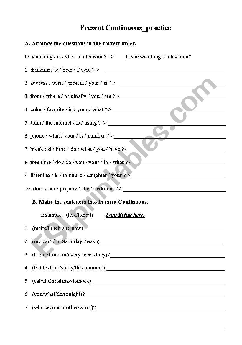 presnent continuous worksheet