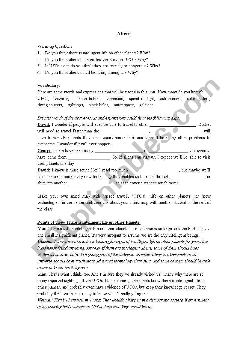 Aliens worksheet