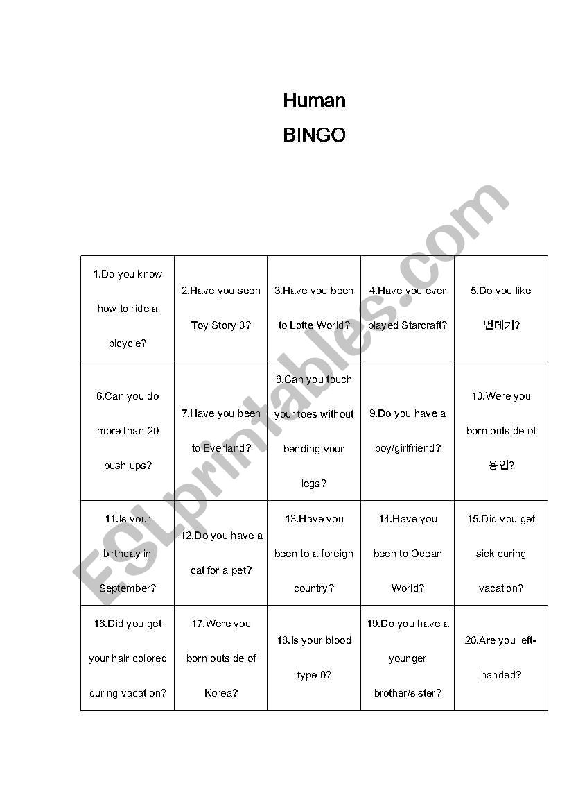 Human Bingo worksheet