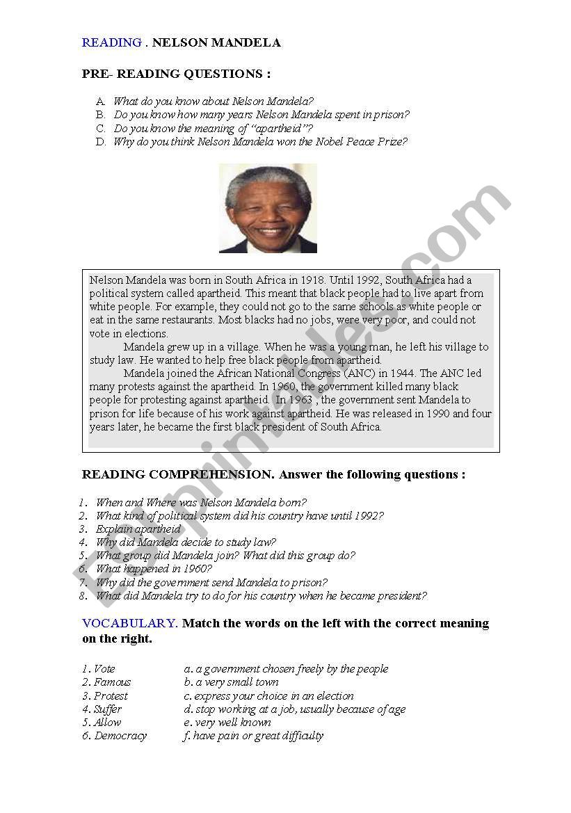 READING NELSON MANDELA  worksheet