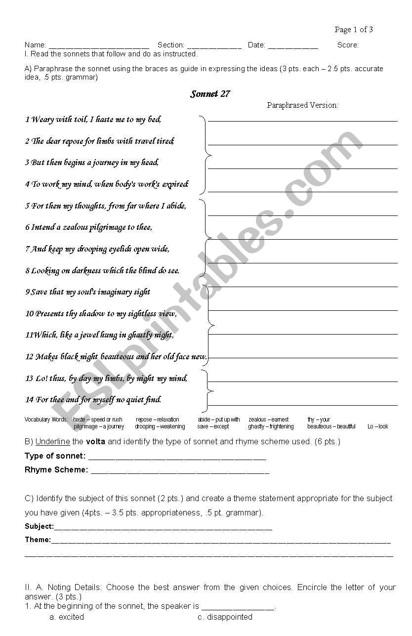 Sonnet Test worksheet