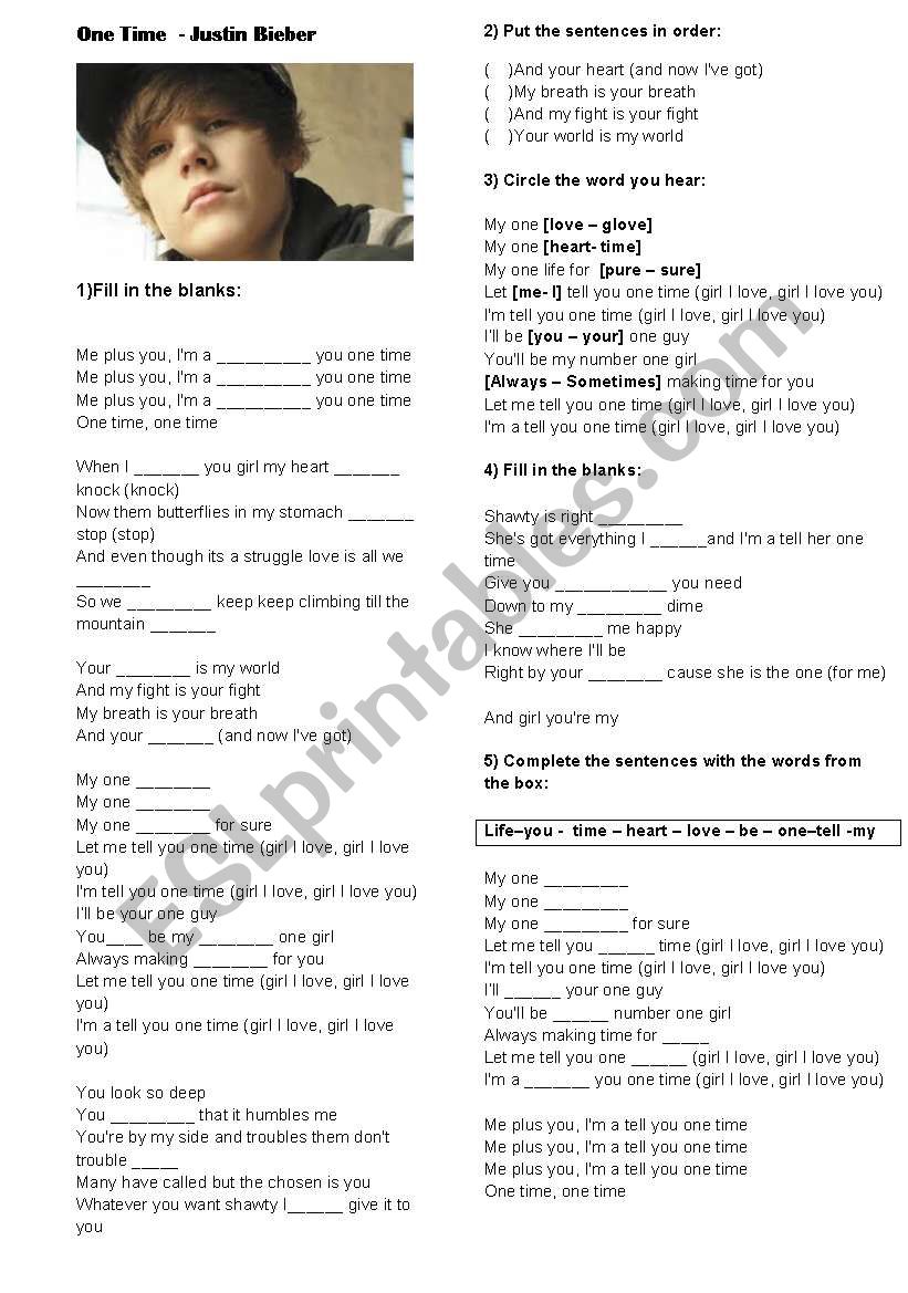 One time - Justin Bieber - ESL worksheet by Mila Pires