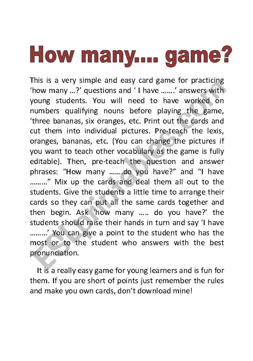 How many ....game worksheet