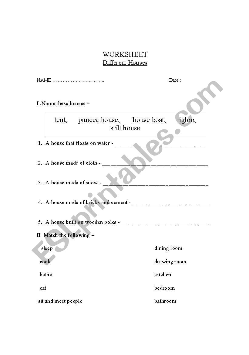 Different Houses worksheet