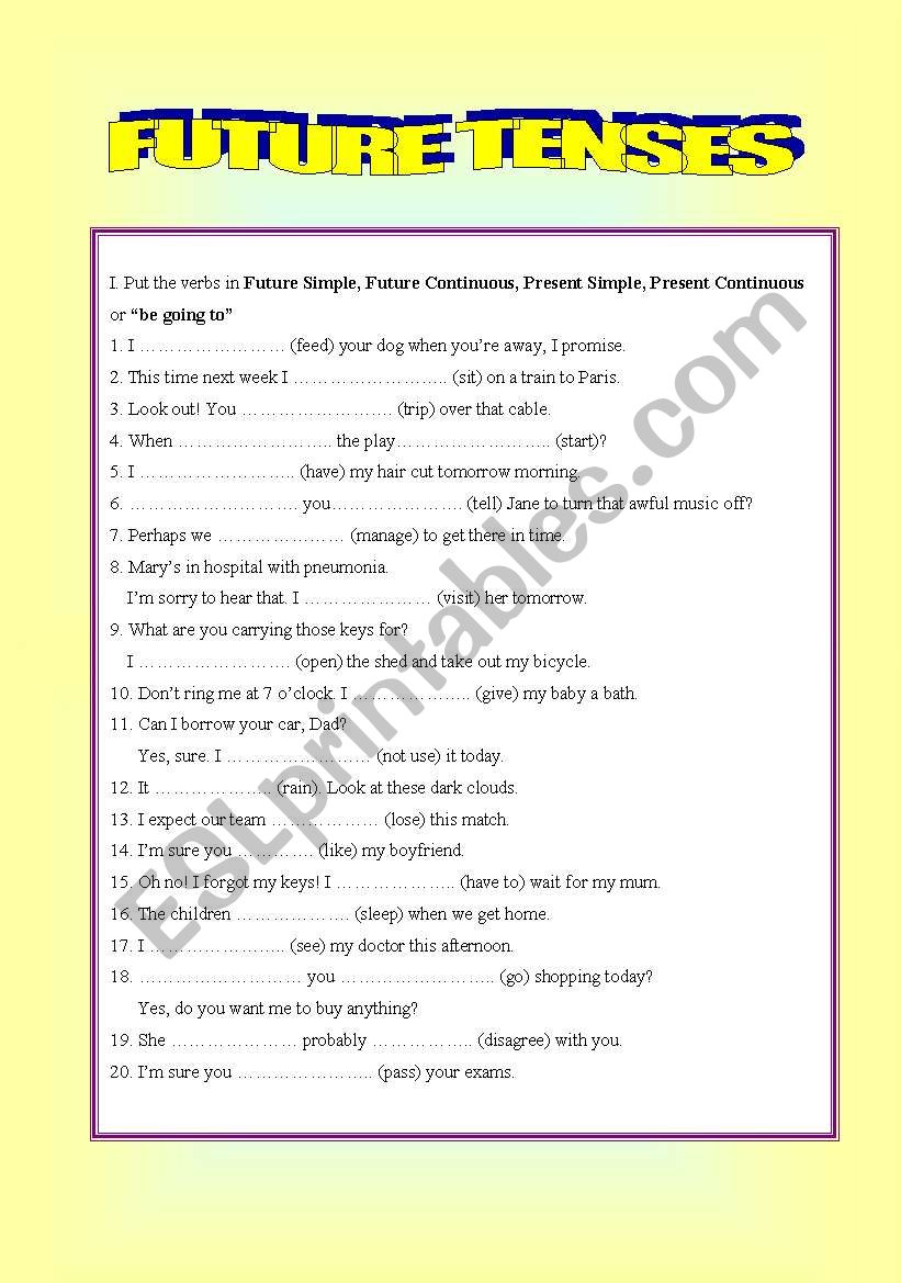 EXERCISE ON FUTURE TENSES + ANSWER KEY