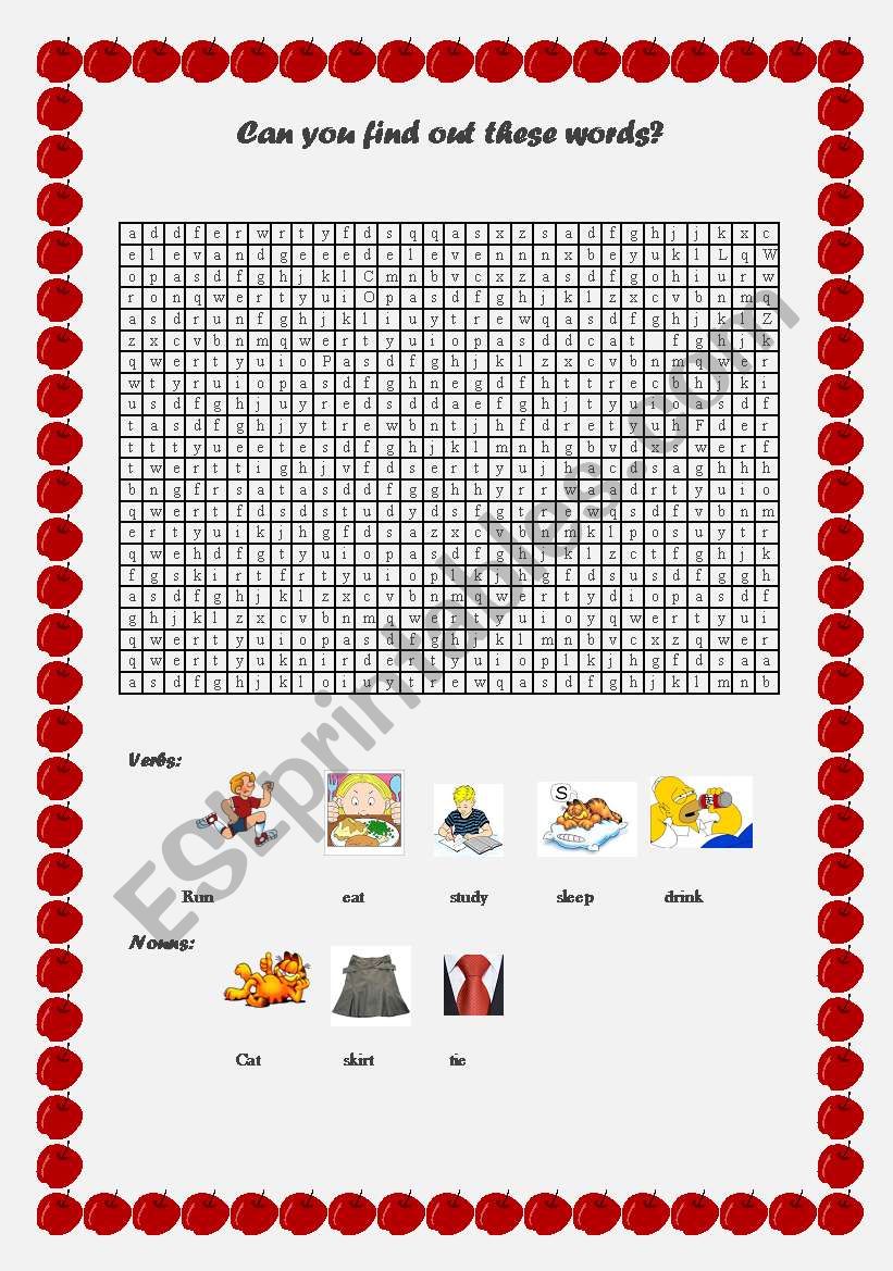 A simple wordsearch to revise some verbs and nouns