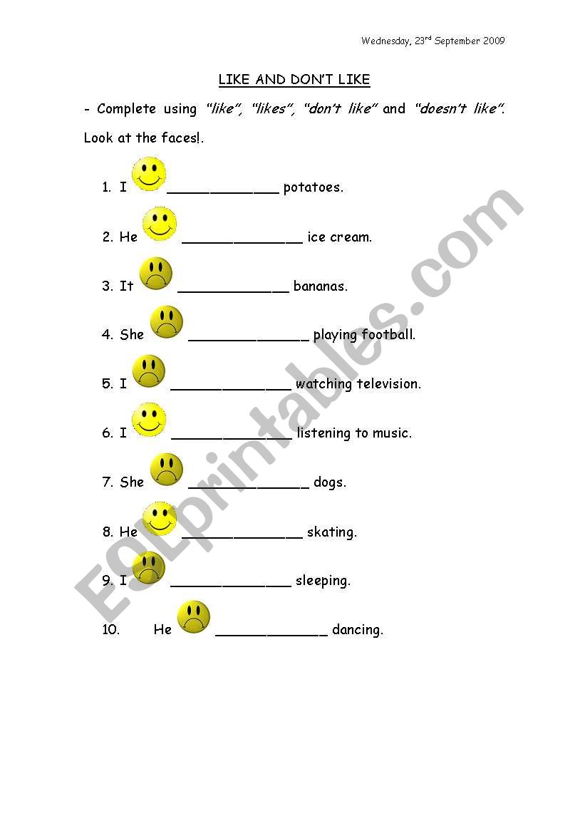 like/dont like worksheet