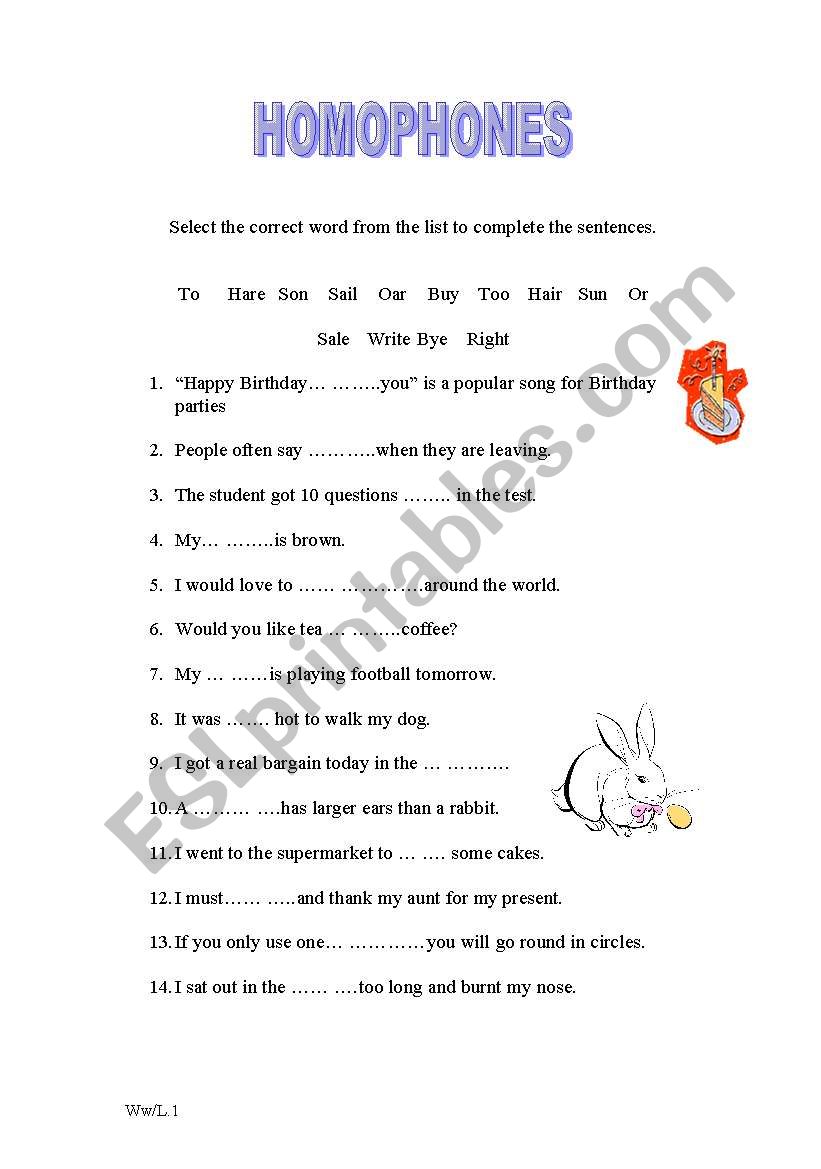 Homophones worksheet