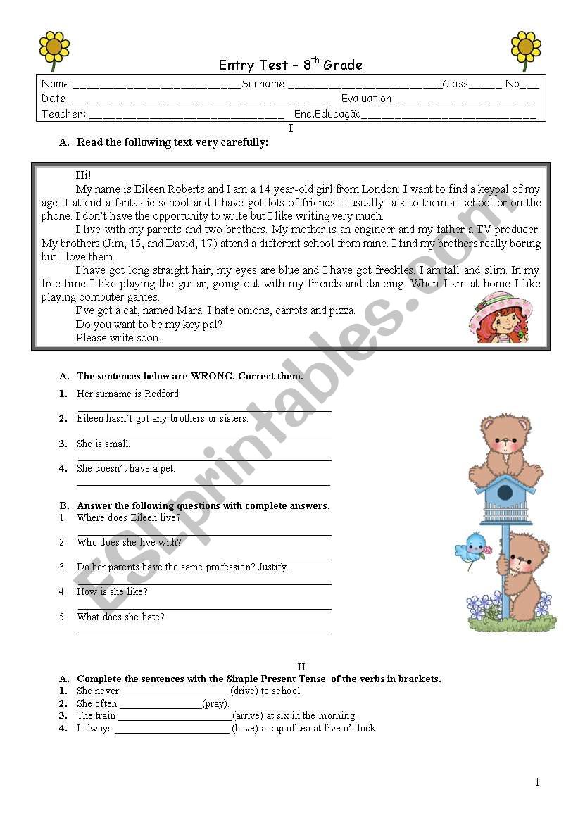 Entry Test worksheet