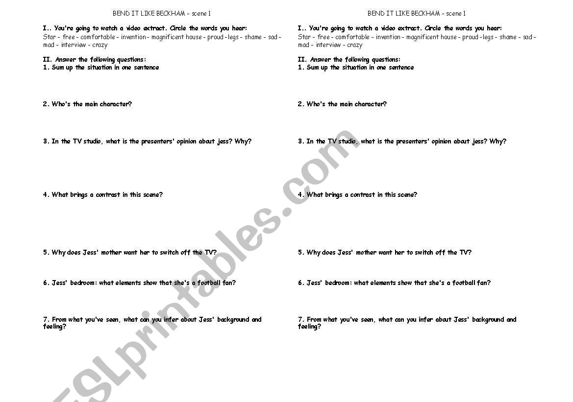 BEND IT LIKE BECKAM SCENE 1 worksheet