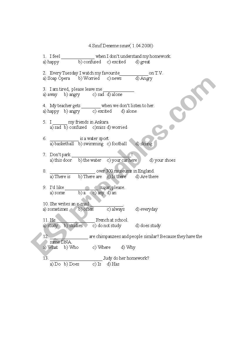 revision test worksheet