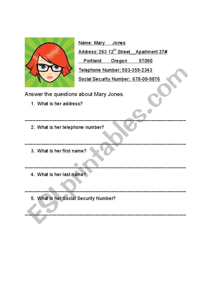 Personal Information worksheet