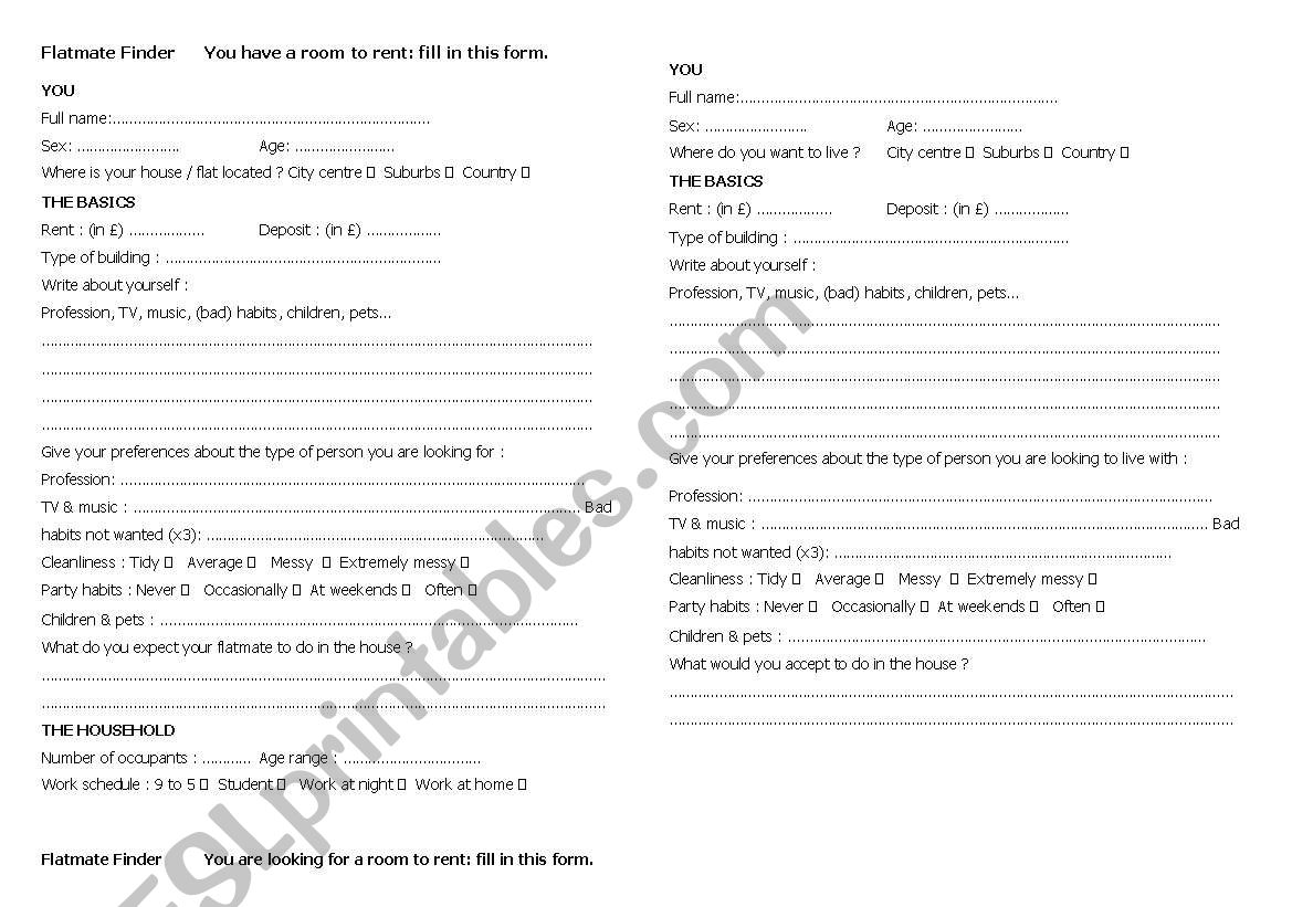 Flatmate finder role play worksheet