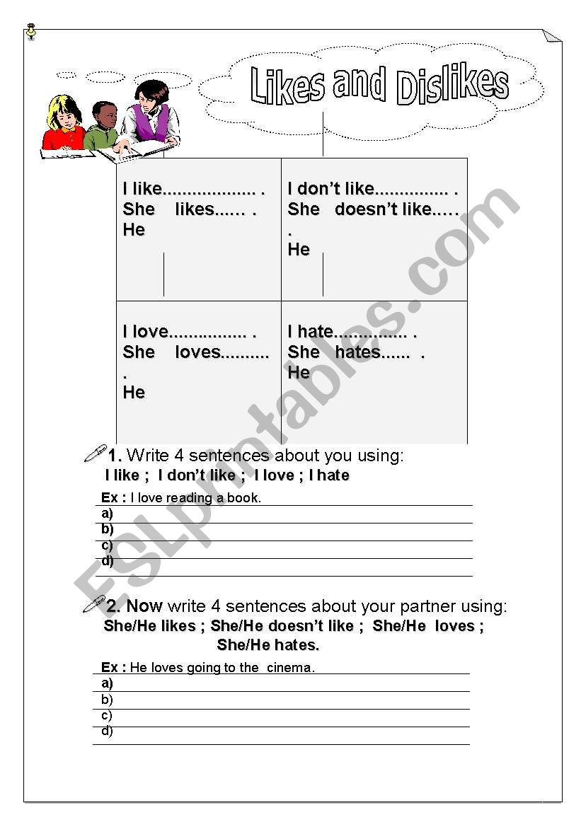 Likes and Dislikes worksheet