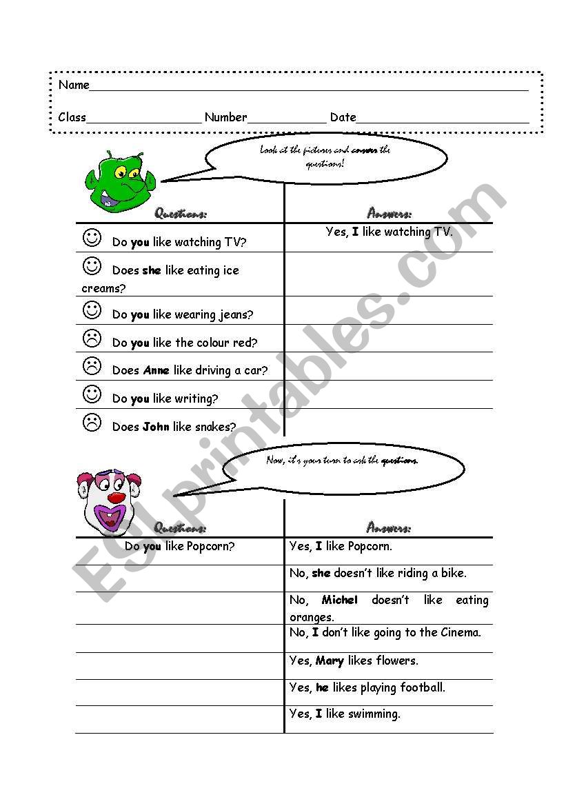 Verb to like present simple  worksheet