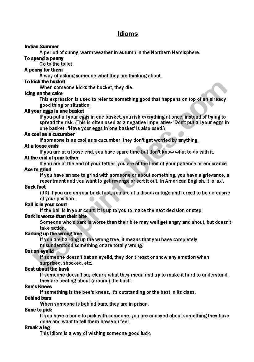 A list of idioms and definitions A list of idioms and definitions