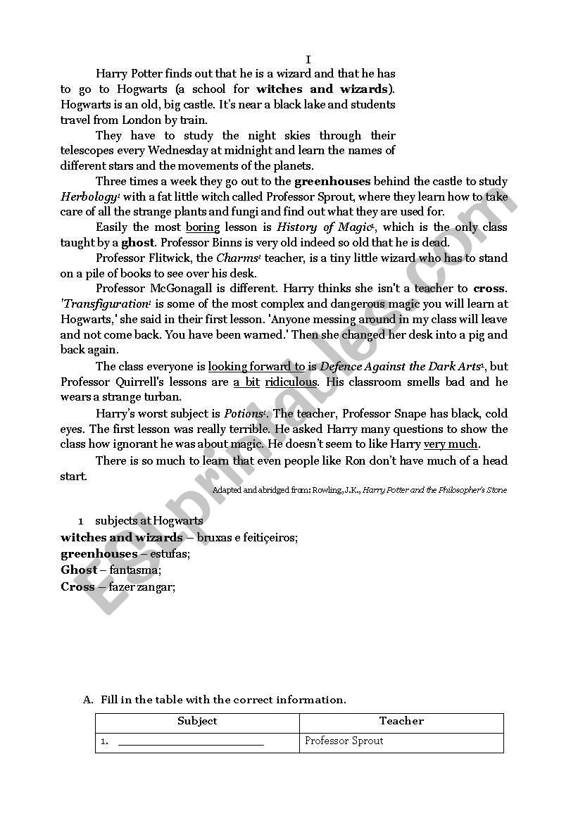 School Harry Potter worksheet