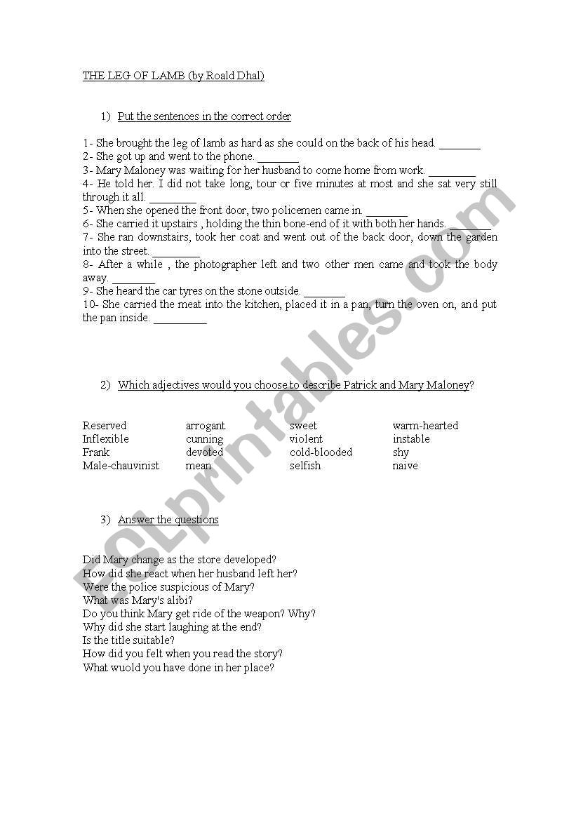 The leg of the lamb worksheet