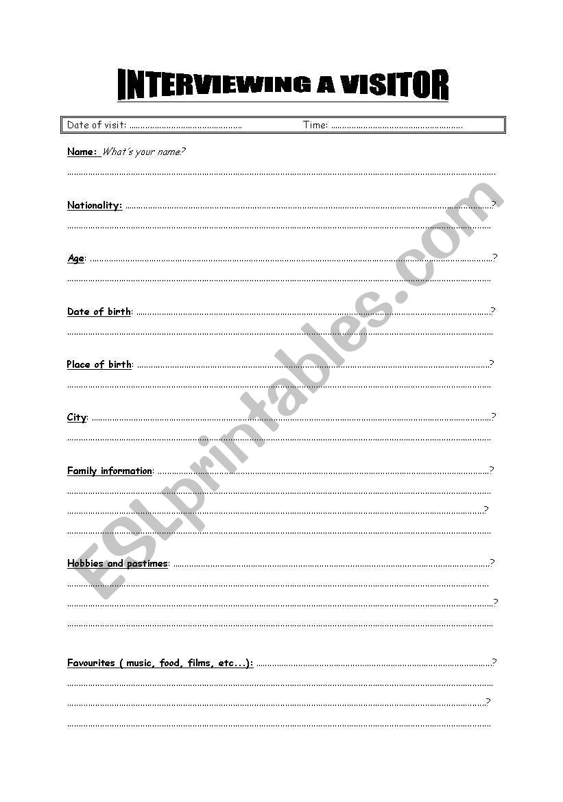 Interviewing a visitor worksheet