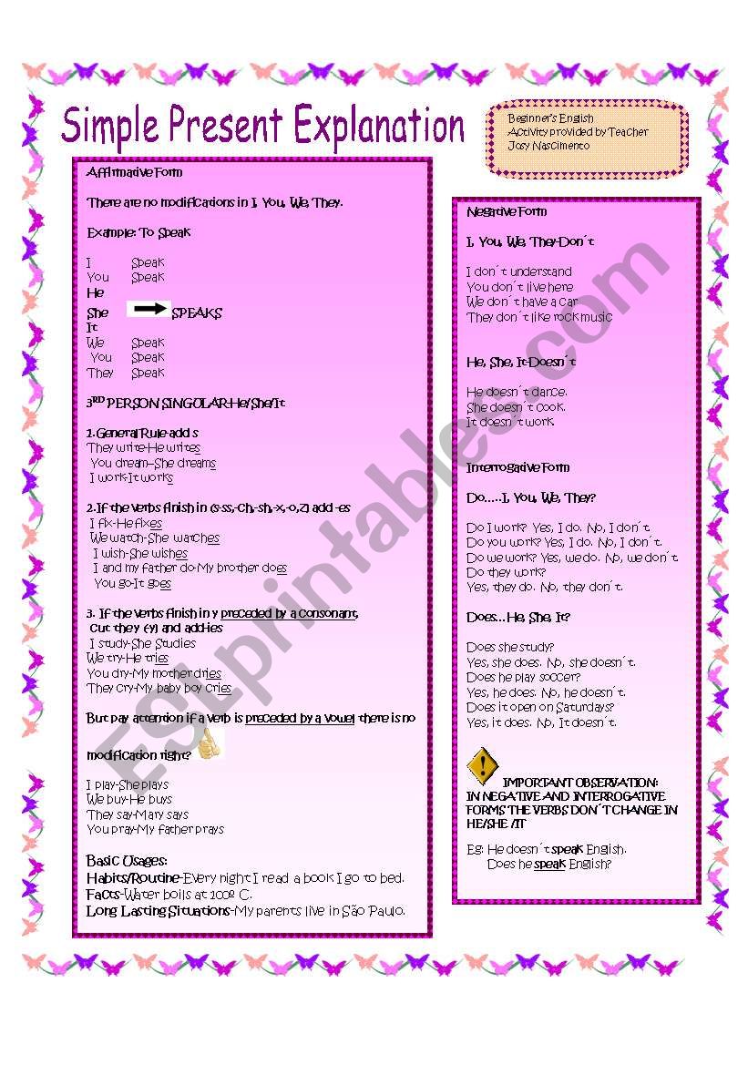 Simple Present Explanation worksheet