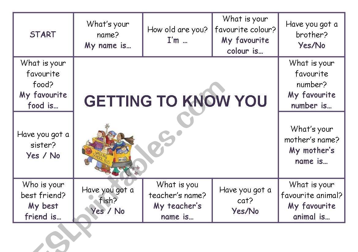 Getting to know you - game worksheet