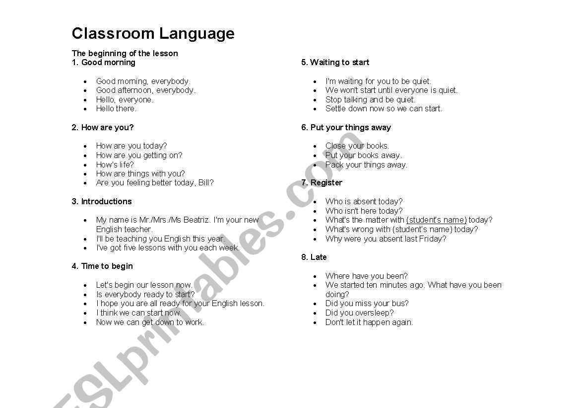 Classroom vocabulary worksheet