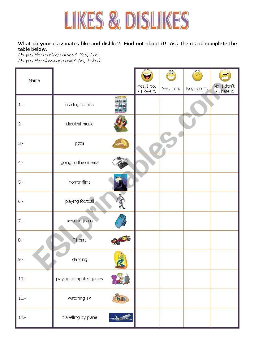 Likes and Dislikes (Speaking) worksheet