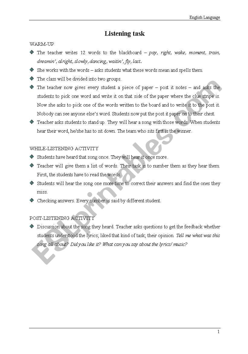 Listening activity worksheet