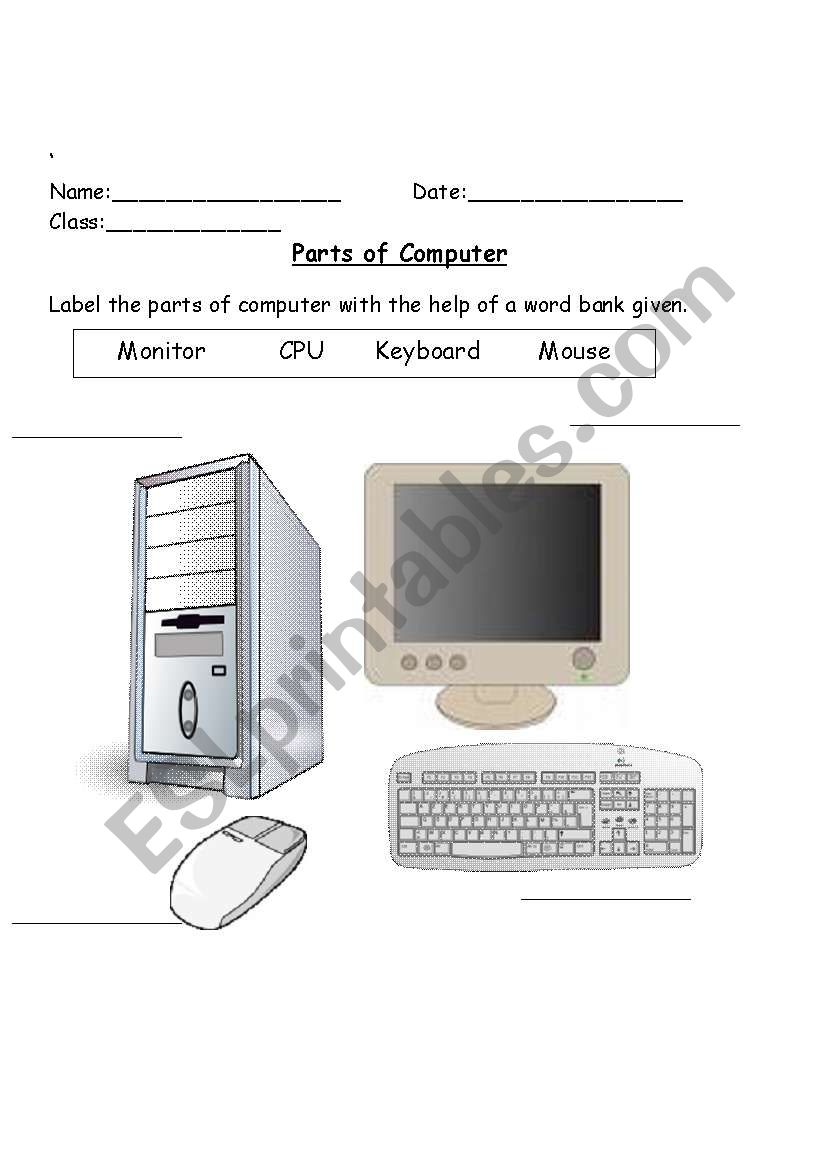 parts of computer worksheet