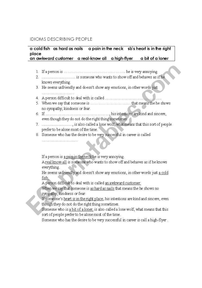 Idioms: People Description worksheet