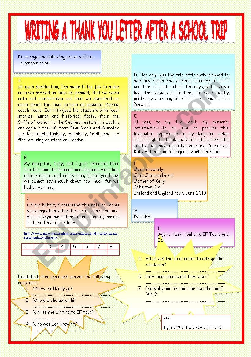 Writing a thank you letter  worksheet