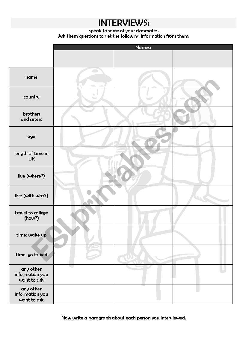 Interviews - asking questions - writing practice