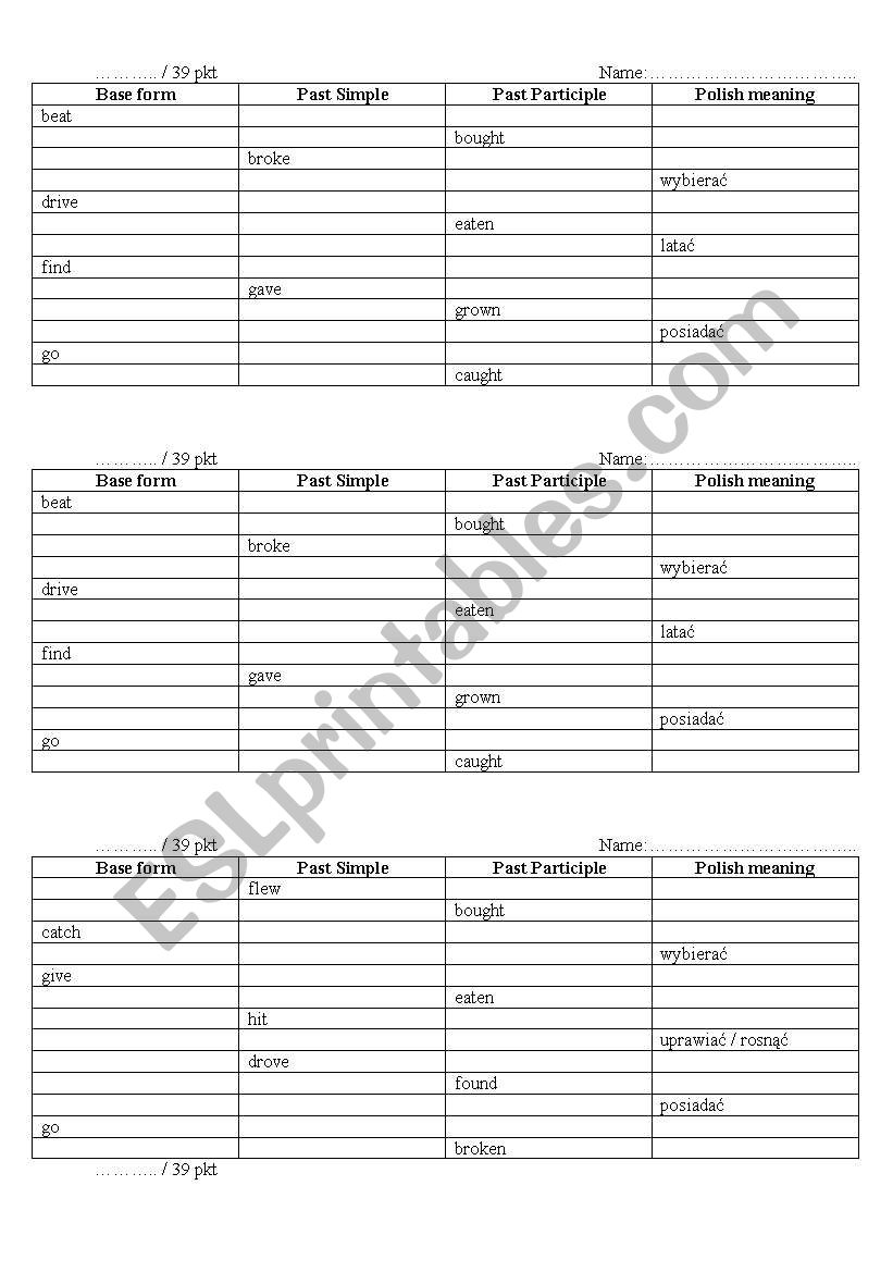 irregular verbs - test worksheet