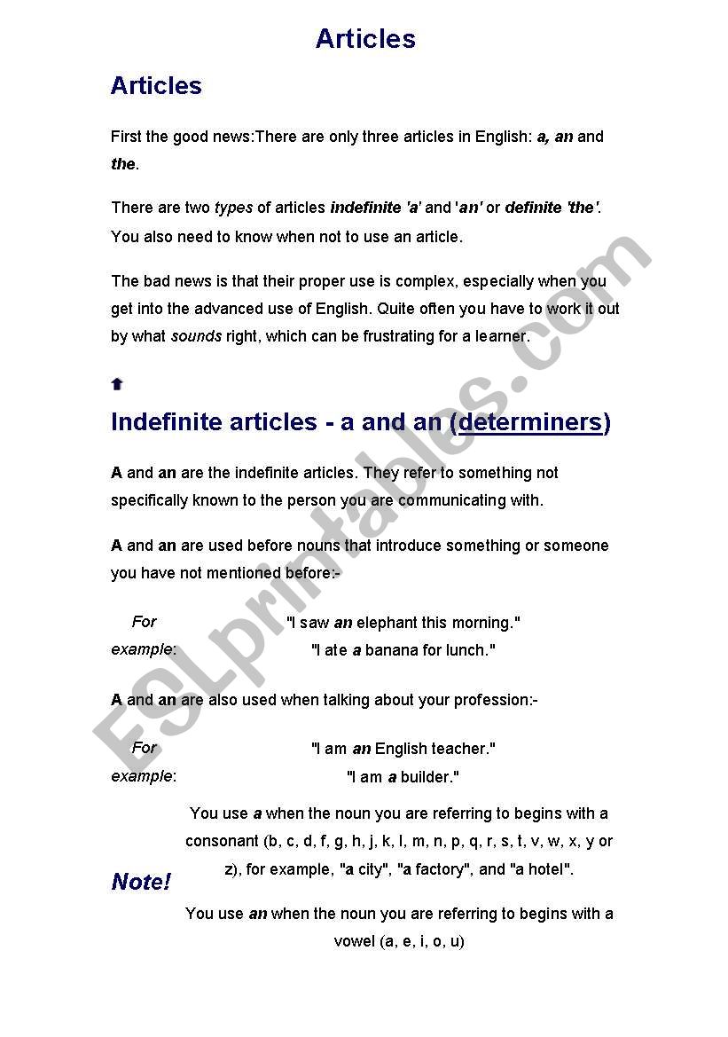 article in english worksheet
